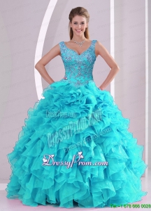 Exclusive Beading and Ruffles Quinceanera Dresses in Aqua Blue