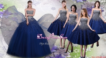 Most Popular Beaded Big Puffy Quinceanera Dress and Elegant Tea Length Navy Blue Dama Dresses