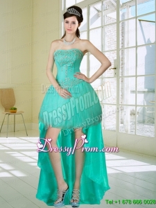 2015 Apple Green Strapess High Low Prom Dresses with Embroidery and Beading