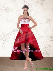 2015 Pretty White And Wine Red High Low Strapless Prom Dresses with Embroidery