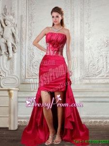 2015 High Low Strapless Ruffled Coral Red Prom Dresses with Hand Made Flower