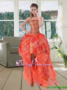 Cheap High Low Multi Color Strapless Prom Dresses with Beading and Ruffles