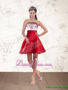 Cheap Strapless White And Wine Red Prom Dresses with Embroidery