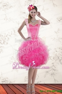 Fashionable Hot Pink 2015 Straps Prom Dresses with Beading and Ruffles