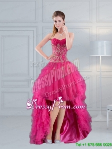 High Low Sweetheart Hot Pink 2015 Christmas Party Dress with Embroidery and Beading