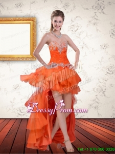 High Low Sweetheart Orange Christmas Party Dress with Ruffles and Beading