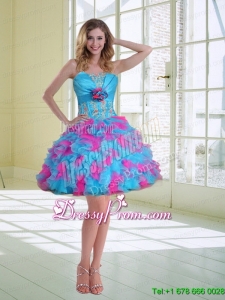 2015 High End Ball Gown Strapless Ruffled Prom Dresses with Hand Made Flower