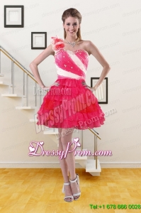 2015 High End One Shoulder Prom Gown with Ruffled Layers and Hand Made Flower