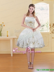 2015 Fashionable White Strapless Maxi Prom Dresses with Embroidery