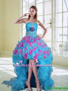 2015 High Low Strapless Ruffled Maxi Prom Dresses with Hand Made Flower