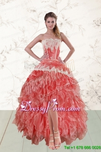 2015 Perfect High Low Ruffled Strapless Maxi Prom Dresses in Watermelon