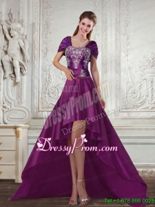 Dark Purple High Low Strapless Embroidery Maxi Prom Dresses for 2015 Spring