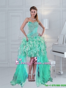 Prettu High Low Sweetheart Ruffled Maxi Prom Dresses in Apple Green with Beading