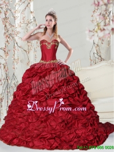 Perfect Sweetheart 2015 Red Quinceanera Dress with Embroidery and Pick Ups