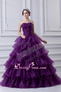 2014 Eggplant Purple Strapless Ball Gown Beading and Embroidery Quinceanera Dress