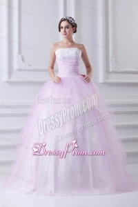 Cute Ball Gown Strapless Beading and Appliques Tulle Baby Pink Quinceanera Dress