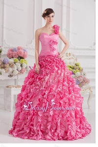 Hot Pink Ball Gown One Shoulder Taffeta Hand Made Flowers and Ruffles Quinceanera Dress