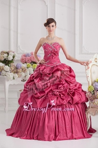 2014 Spring Ball Gown Sweetheart Hand Made Flowers Beading Pick-ups Quinceanera Dress in Red