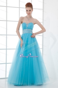 2014 Tulle A-line Sweathert Beading Baby Blue Belt Prom Dress