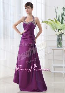 Eggplant Purple Halter Top Beading and Ruching Taffeta A-line Prom Dress