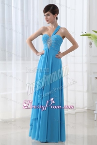 Empire Teal Blue Chiffon Prom Dress with One Shoulder Beading and Ruching