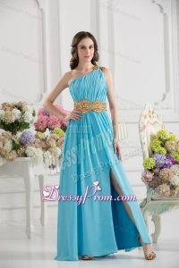 Aqua Blue Empire One Shoulder Floor-length High Slit Prom Dress
