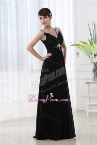 Empire Chiffon Floor-length V-neck Black Beading And Ruching Prom Dress