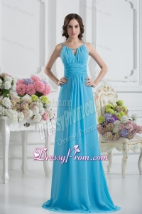 Empire Straps Ruching Baby Blue Floor-length Chiffon Prom Dress