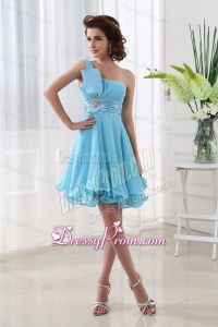 A-line Aqua blue One Shoulder Beading and Ruching Chiffon Prom Dress