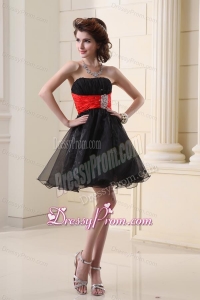 A-line Strapless Organza Black Mini-length Prom Dress with Beading and Ruching