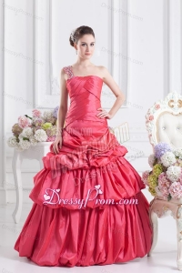 Cheap Coral Red One Shoulder Beading Ball Gown Quinceanera Dress with Pick Ups