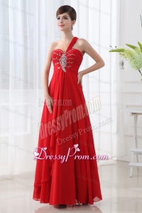 Empire One Shoulder Beading and Ruching Long Red Prom Dress