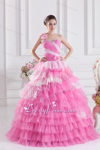 Pretty Rose Pink Princess One Shoulder Beading Quinceanera Dress with Ruffled Layers