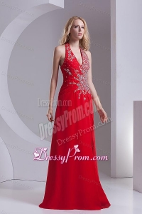 Column Halter Top Chiffon Beading Ruching Red Prom Dress