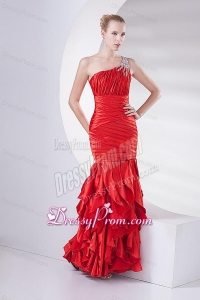 Mermaid Wine Red One Shoulder Beading Ruching Ruffles Long Prom Dress