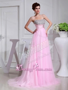 A-line Brush Train Beading Tulle Strapless Baby Pink Prom Dress