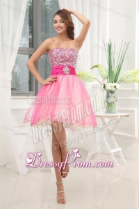 A-line Pink Strapless Beading Tulle Knee-length Prom Dress