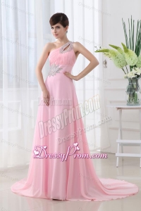 Baby Pink One Shoulder Court Train Chiffon Prom Dress with Beading and Ruching