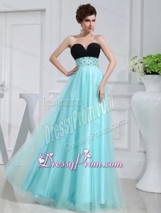 Column Beading Tulle Floor-length Strapless Aqua Blue Prom Dress