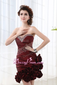 Column Burgundy Beadings Hand Made Flowers Sweetheart Prom Dress