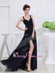 Empire Floor-length Straps Ruching Navy Blue Prom Dress