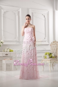 Empire Strapless Appliques Beading Chiffon Baby Pink Prom Dress