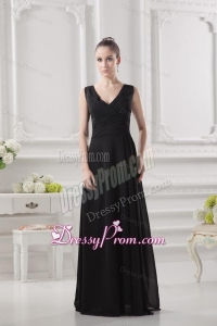 Empire V-neck Floor-length Ruching Black Prom Dress