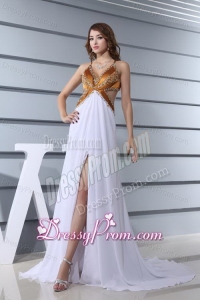 Empire White V-neck Beading Chiffon High Slit Brush Train Prom Dress