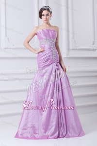 A-line Strapless Lilac Taffeta Appliques with Beading Prom Dress