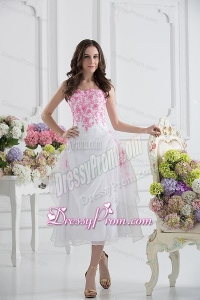 A-line Strapless White Organza Tea-length Prom Dress with Appliques