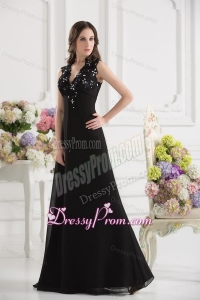 A-line V-neck Chiffon Beading Floor-length Prom Dress in Black