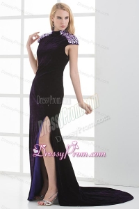 Column High-neck Cap Sleeves Dark Purple Beading High Slit Prom Dress