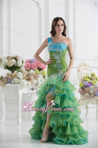 Column One Shoulder Organza Green Prom Dress with Appliques and Ruffed Layers