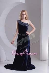 Empire One Shoulder Black Beading Zipper-up Prom Dress